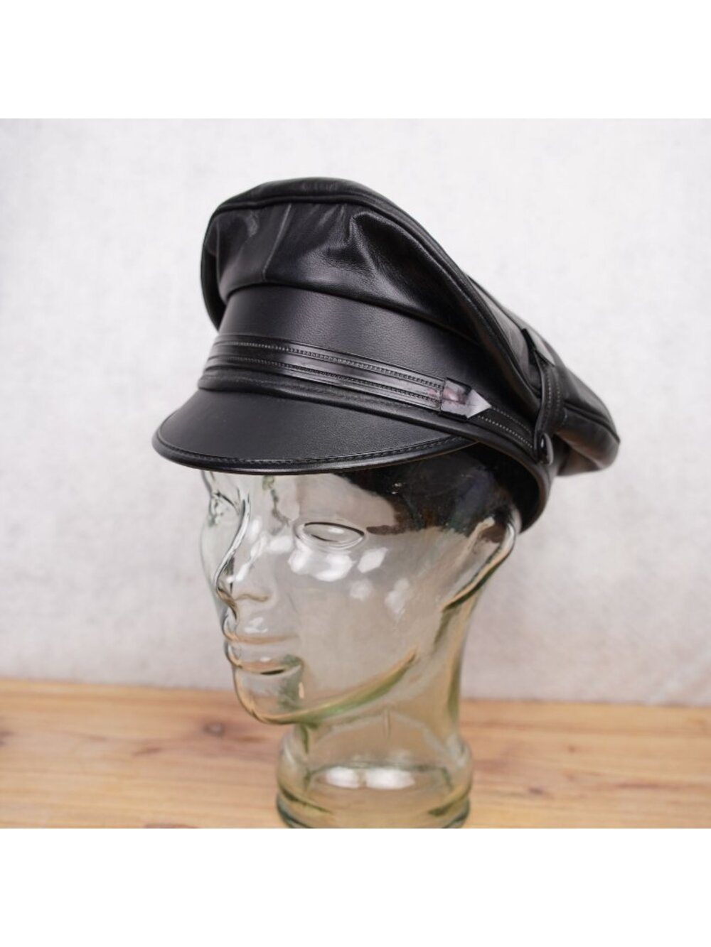 Vintage Genuine Leather Black Army Muir Biker Peakerd Police Cap Hat Union Made